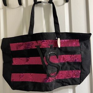 Victoria's Secret Black Tote with Pink Sequin Stripes